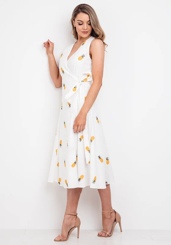 Jovonna Pineapple Print Wrap Midi Dress, White Elegant Satin Button Midi Dress