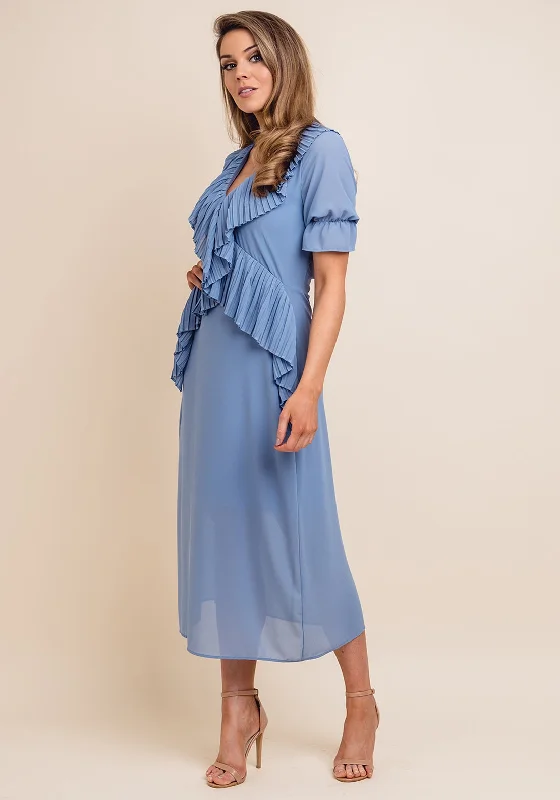 Jovonna Pleated Trim Open Back Midi Dress, Blue Fashionable High-Low Midi Dress