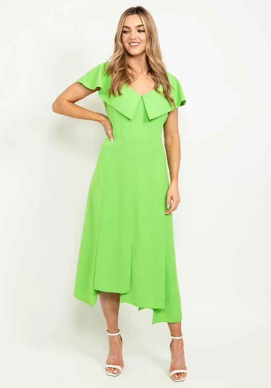 Kameya Button Back Folded Neck Midi Dress, Green Comfortable Floral Print Midi Dress