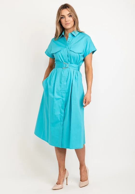 Kate Cooper Belted Shirt Midi Dress, Blue Fashionable Skater Midi Dress