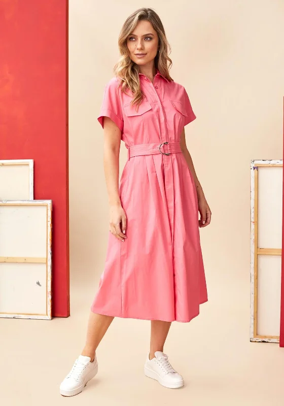 Kate Cooper Belted Shirt Midi Dress, Pink Comfortable Lace-Up Midi Dress