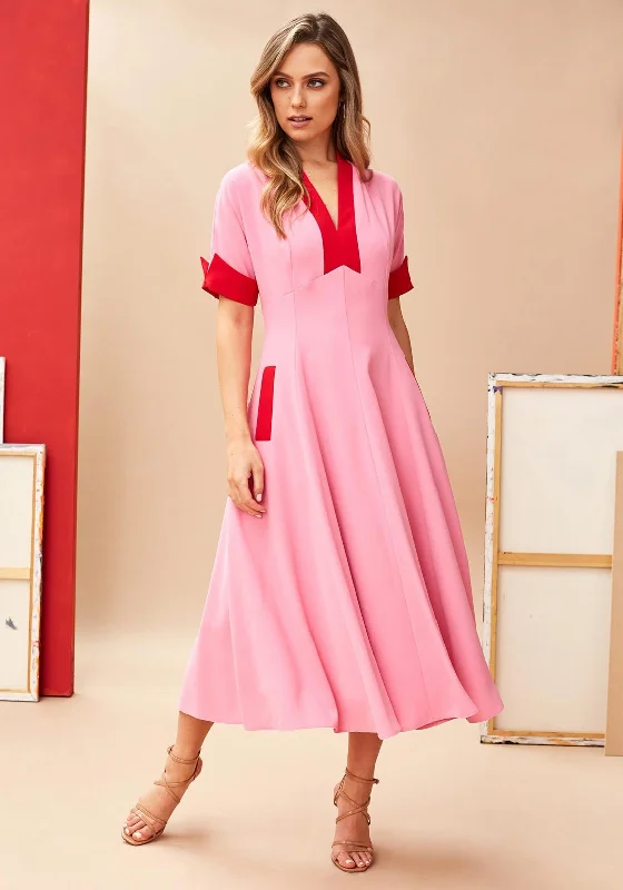 Kate Cooper Contrast A-Line Midi Dress, Pink & Red Trendy Ruched Side Midi Dress