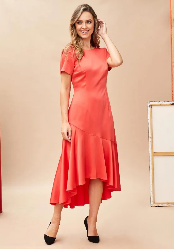 Kate Cooper Mermaid Flare Midi Dress, Coral Elegant Faux Wrap Midi Dress