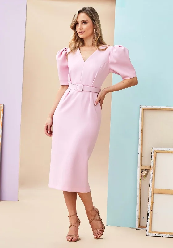 Kate Cooper Puff Sleeve Midi Dress, Baby Pink Trendy Bodycon Midi Dress