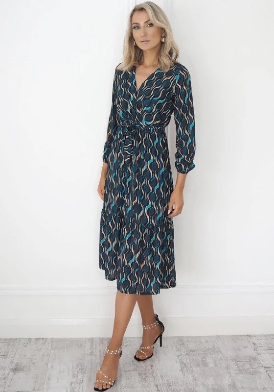 Kate & Pippa Abstract Pattern Print Wrap Midi Dress, Teal Multi Elegant Floral Skirt Midi Dress