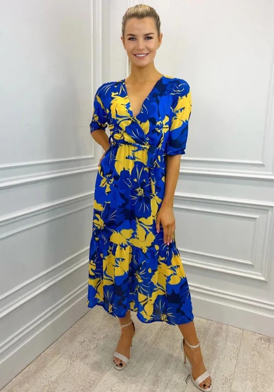 Kate & Pippa Boho Panel End Printed Midi Dress, Blue & Yellow Comfortable Geometric Print Midi Dress