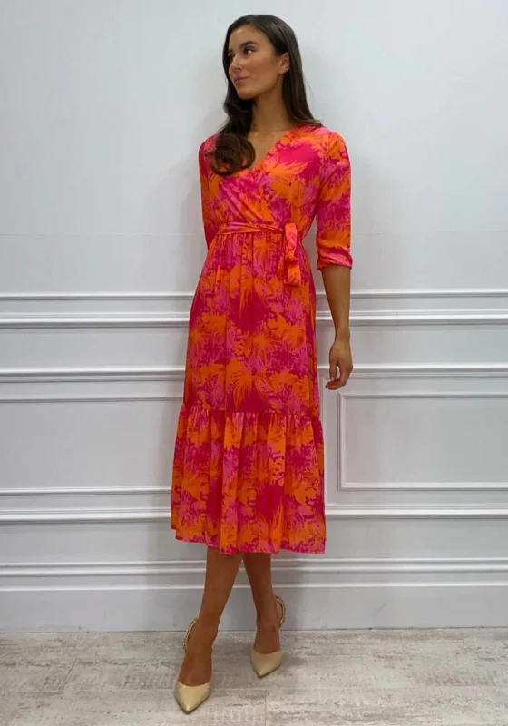 Kate & Pippa Boho Panel End Printed Midi Dress, Pink & Orange Trendy Boho Midi Dress