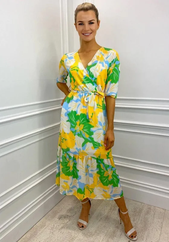 Kate & Pippa Boho Panel End Printed Midi Dress, Yellow & Green Trendy Square Neck Midi Dress