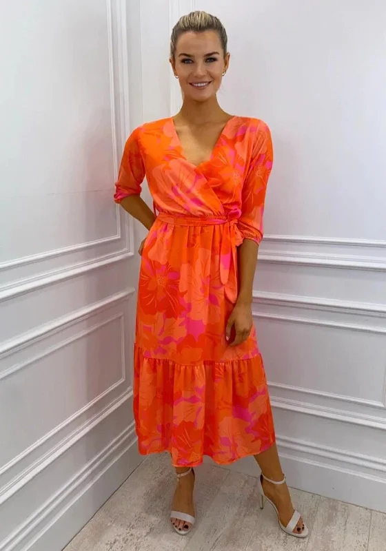 Kate & Pippa Boho Tropical Print Midi Dress, Orange & Pink Trendy Knit Midi Dress