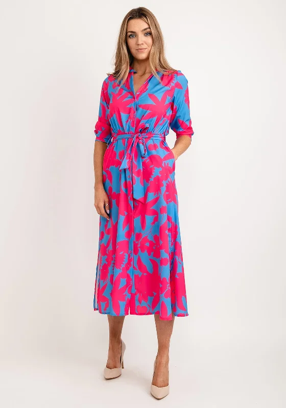 Kate & Pippa Capri Leaf Print Midi Dress, Blue & Pink Stylish Vintage Midi Dress