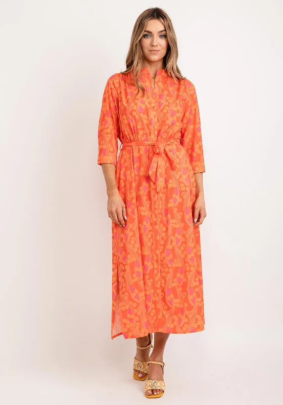 Kate & Pippa Capri Swirl & Dot Print Midi Dress, Orange & Pink Stylish Off-Shoulder Ruffle Dress