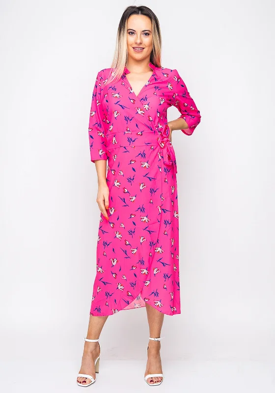 Kate & Pippa Floral Wrap Midi Dress, Pink Fashionable Sheer Sleeve Midi Dress