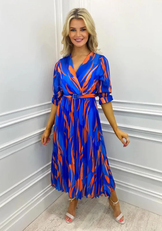 Kate & Pippa Positano Print Midi Dress, Blue & Orange Fashionable Sheer Sleeve Midi Dress