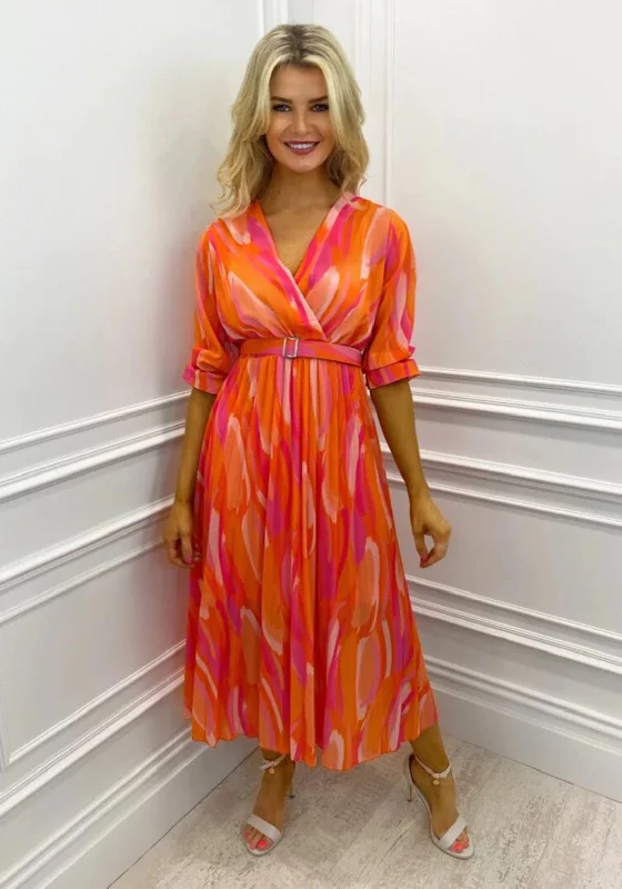 Kate & Pippa Positano Print Midi Dress, Orange & Pink Trendy Square Neck Midi Dress