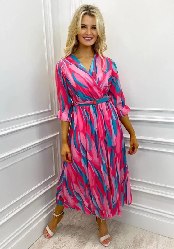 Kate & Pippa Positano Print Midi Dress, Pink & Aqua Cozy Wide Strap Midi Dress