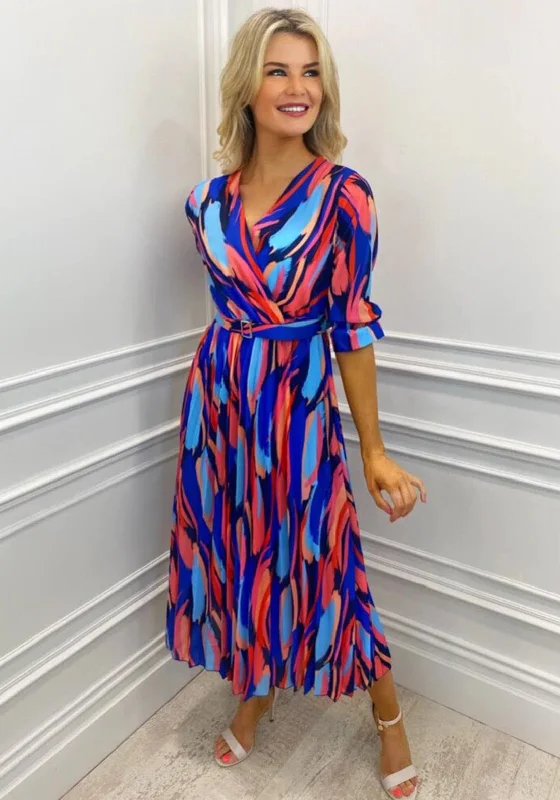 Kate & Pippa Positano Print Midi Dress, Royal Blue Multi Trendy Off-Shoulder Ruffle Midi Dress