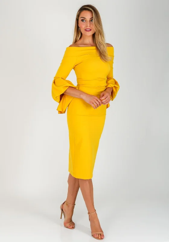 Kevan Jon Ceiba Bardot Midi Dress, Mustard Trendy A-Line Midi Dress