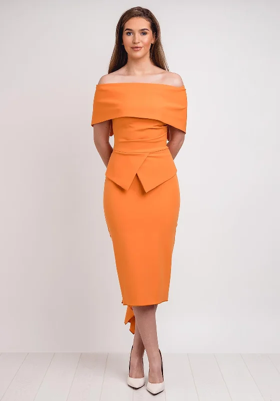 Kevan Jon Queenie Peplum Midi Dress, Orange Comfortable Ruched Midi Dress