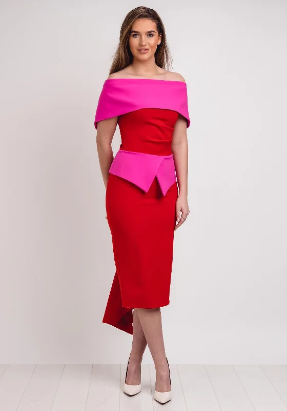 Kevan Jon Queenie Peplum Midi Dress, Red & Pink Cozy A-Line Midi Dress