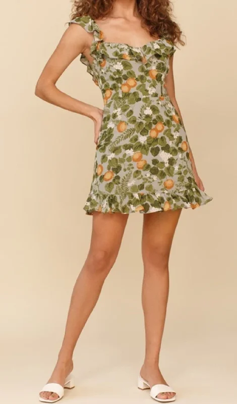 LEAF FRUIT PRINT RUFFLE MINI DRESS IN GREEN Cozy T-Shirt Mini Dress