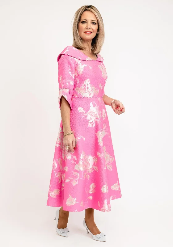 Lizabella Collared Neckline Textured Floral Midi Dress, Hot Pink Trendy Square Neck Midi Dress