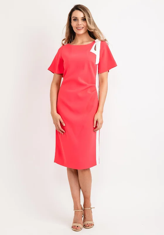 Lizabella Contrast Bow Seam Midi Dress, Coral Pink Stylish Midi Dress with Cuffs