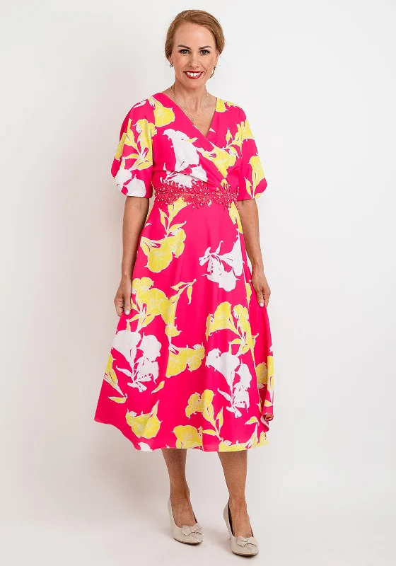 Lizabella Floral Embroidered Waist Midi Dress, Pink & Yellow Elegant Puff Sleeve Midi Dress