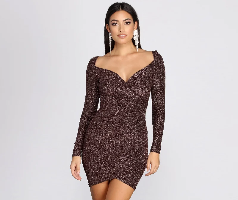 Long Sleeve Glitter Knit Mini Dress Trendy Button-Detail Mini Dress