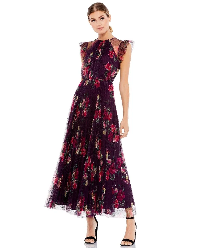 Mac Duggal 2143 Floral Print Cap Sleeve Midi Dress Elegant Sleeveless Midi Dress