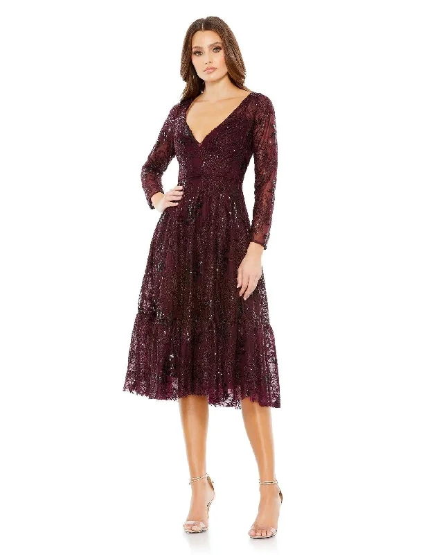 Mac Duggal 68001 Long Sleeve Lace Midi Dress Stylish Halter Neck Midi Dress