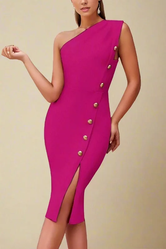 Mel Bodycon Midi Dress - Magenta Pink Elegant Floral Appliqué Midi Dress