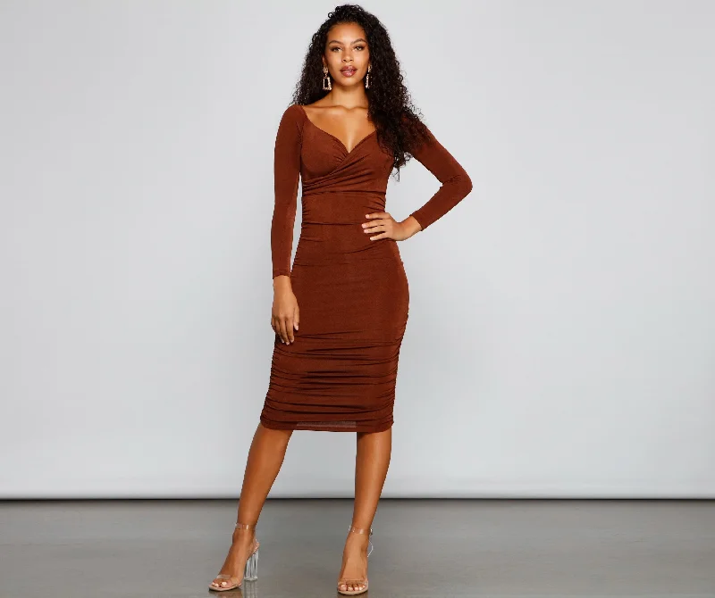 Melissa Long Sleeve Ruched Midi Dress Stylish Animal Print Midi Dress