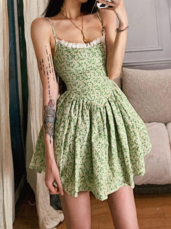 Tie Back Floral Green Mini Dress Casual High-Waist Mini Dress