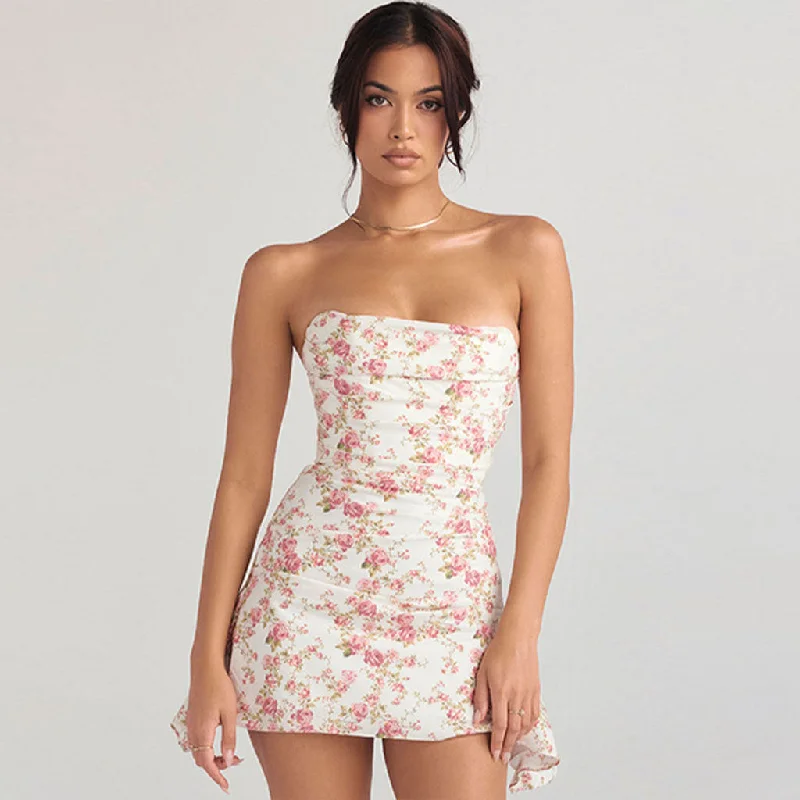 Glamorous Rose Printed Ruched Strapless Corset Mini Dress - Floral Classic Shift Mini Dress