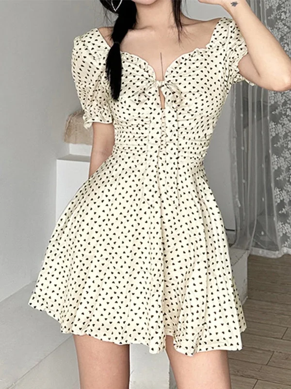 Tie Strap Heart Puff Sleeve Mini Dress Cozy Sweater Mini Dress