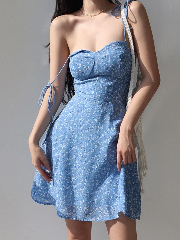 Tie Strap Floral Mini Dress Trendy Off-Shoulder Dress Mini