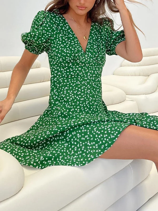 Puff Sleeve Green Floral Mini Dress Fashionable Party Mini Dress