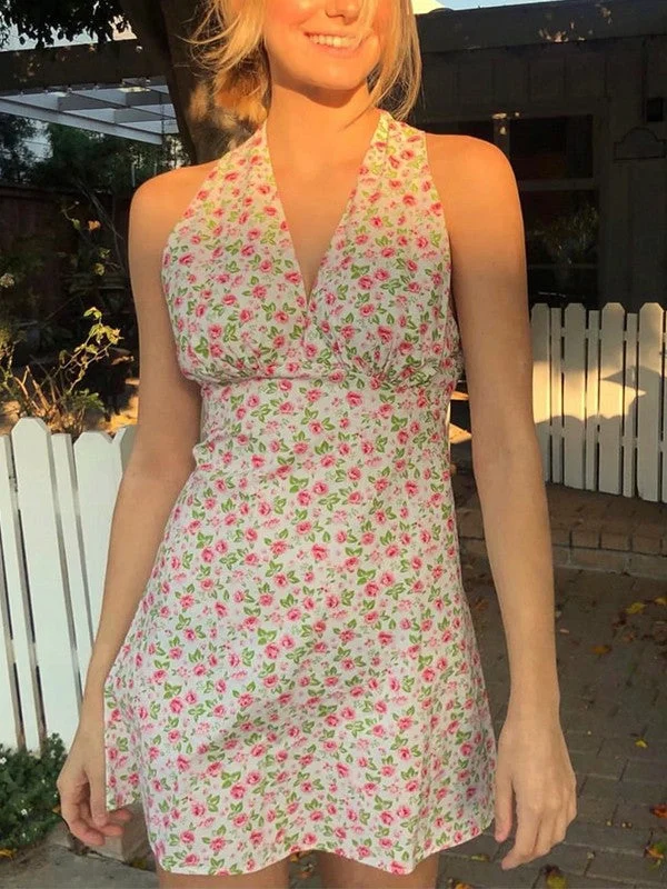 Plunge Neck Backless Floral Mini Dress Fashionable Summer Mini Dress