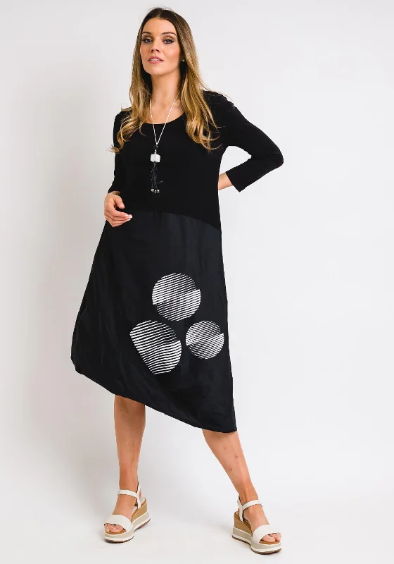 Naya Circle Print Contrast Midi Dress, Black Trendy Smocked Waist Midi Dress