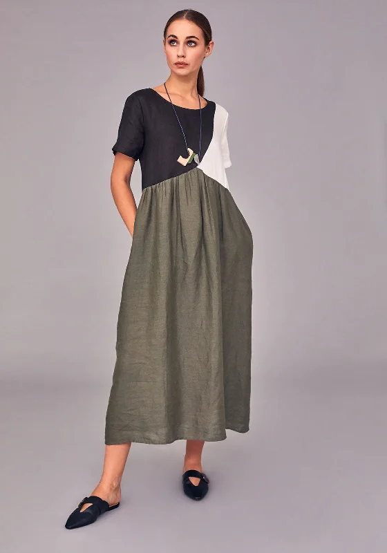 Naya Colour Block Linen Midi Dress, Green Trendy Ruffled Sleeve Midi Dress