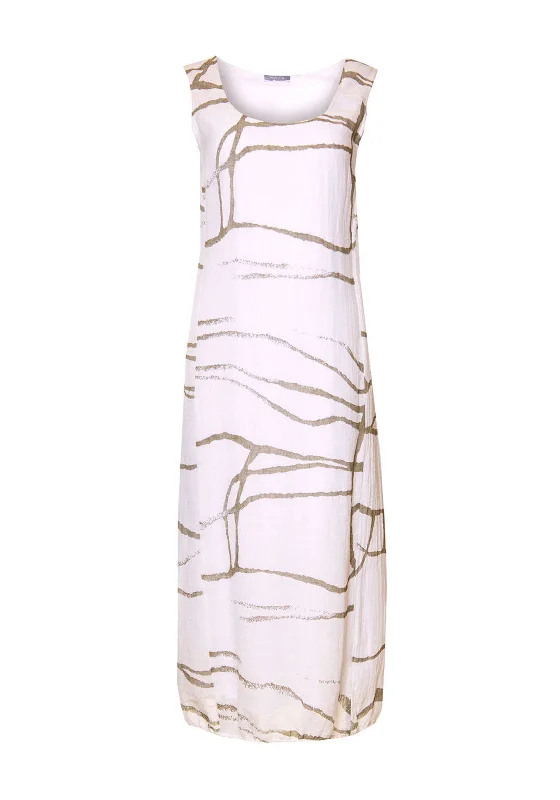 Naya Sleeveless Abstract Print Linen Midi Dress, White Chic Off-Shoulder Midi Dress