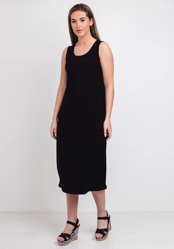 Naya Sleeveless Jersey Midi Dress, Black Elegant Floral Appliqué Midi Dress