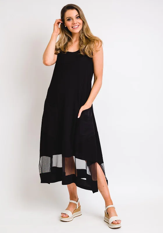 Naya Sleeveless Mesh Panel Midi Dress, Black Chic Bohemian Midi Dress