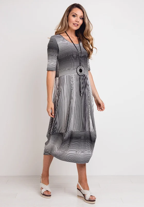 Naya Striped Relaxed Fit Midi Dress, Black & White Elegant Lace Trim Midi Dress