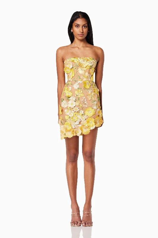 New-Age 3D Floral Mini Dress in Yellow Trendy Lace Mini Dress