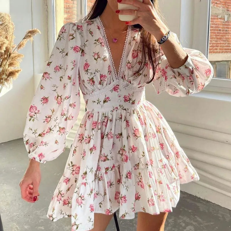 New Fashion Womens Floral Print Mini Dress Summer Long Sleeve Deep V Neck High Waist A-Line Dress Street Style Hot Sale S-XL Trendy Camisole Mini Dress