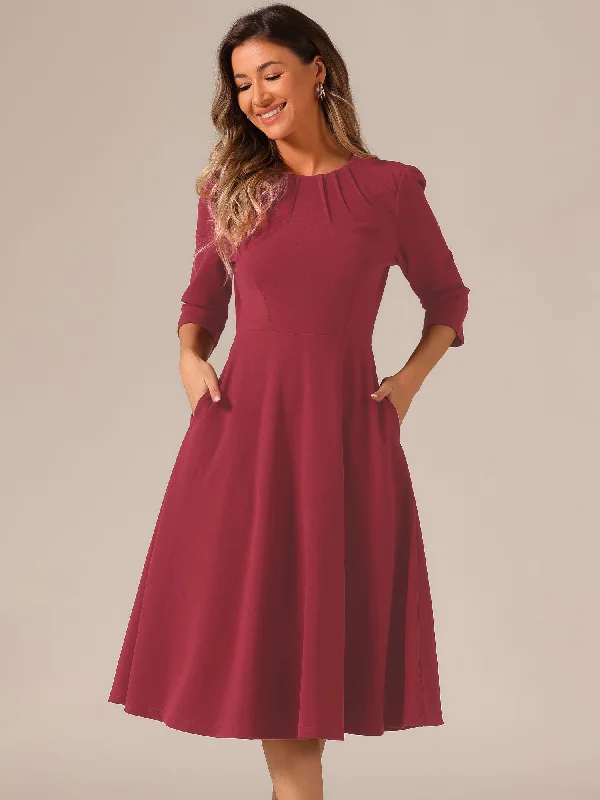 3/4 Sleeve Pleated Round Neck Pocketed A-Line Swing Midi Dress Trendy Shift Midi Dress