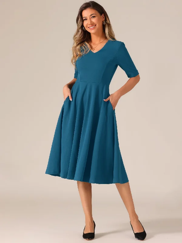 Solid Color V Neck Half Sleeve Pocketed Swing Midi Dress Cozy Ribbed Knit Midi Dress