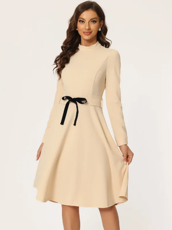 Elegant Sheath Mock Neck Flare Long Sleeve Knit Midi Dress Comfortable Stretch Midi Dress