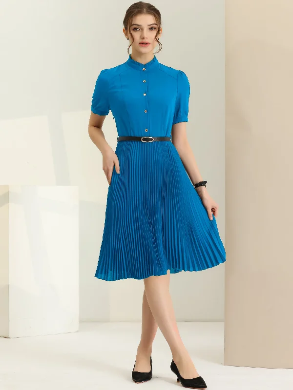 Short Sleeve Ruffle Stand Neck Belted Waist Pleated A Line Midi Dress Fashionable Shift Midi Dress